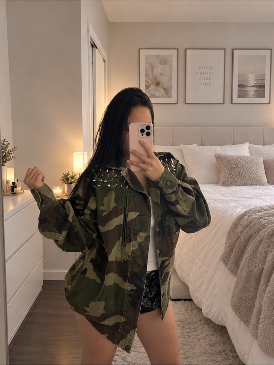 Jackets & Blazers - Camouflage Studded Oversized Jacket - Green